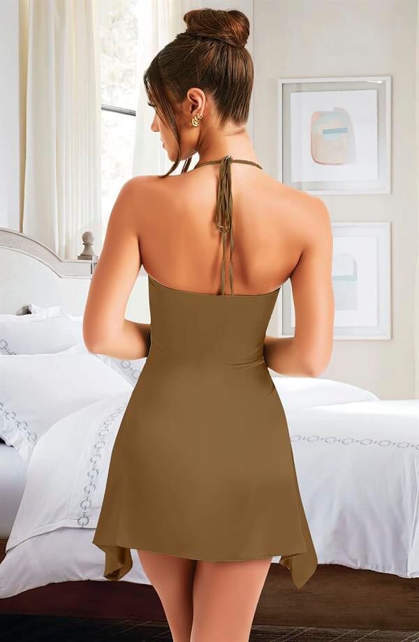 Arias Closet Özel Tasarım İnce Askılı Boyundan Bağlamalı Koyu Yeşil Mini Saten Gecelik