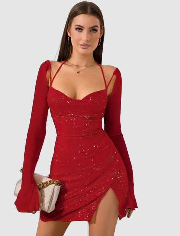 Arias Closet Kırmızı Yırtmaç Detay Simli Fantezi Mini Club Elbisesi