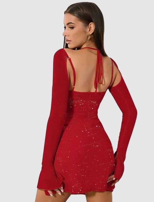 Arias Closet Kırmızı Yırtmaç Detay Simli Fantezi Mini Club Elbisesi