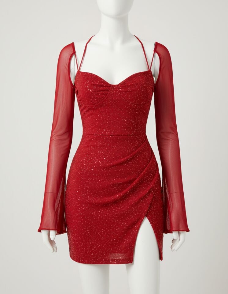 Arias Closet Kırmızı Yırtmaç Detay Simli Fantezi Mini Club Elbisesi