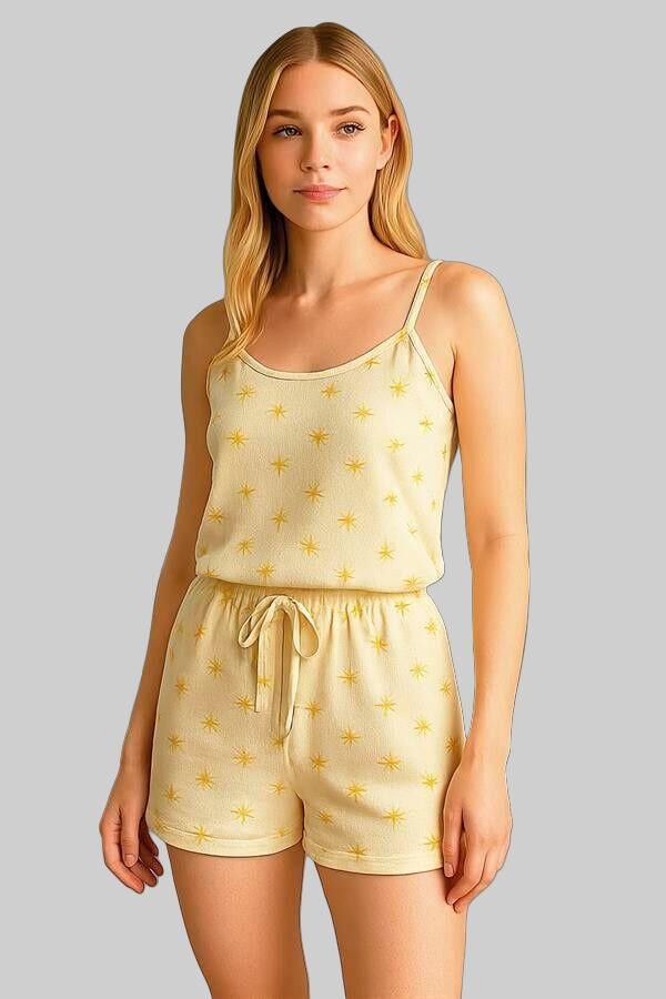 Arias Closet Sarı Üstüne Desenli Askılı Şortlu Pijama Takımı