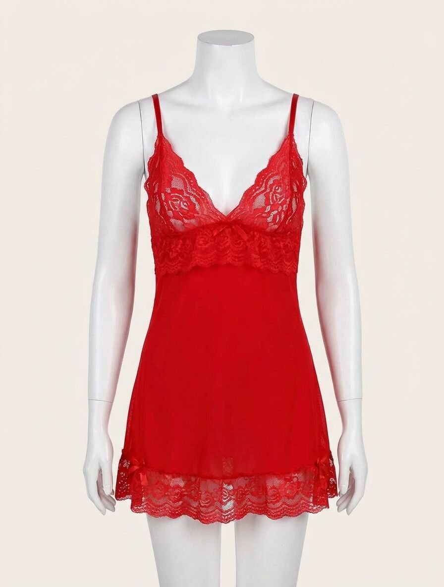 Kırmızı Dantel İşlemeli İnce Askılı Likralı Fantezi Tül Gecelik