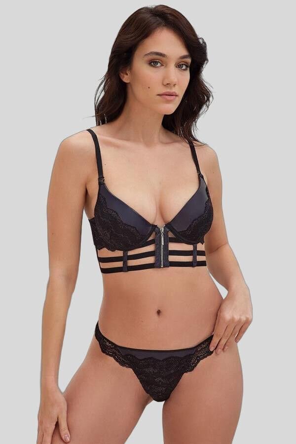 Arias Closet Deri Görünümlü Balenli Destekli Dolgulu Askıları Çıkabilen Fermuarlı Dantelli Büstiyer Sütyen ve Slip Takım
