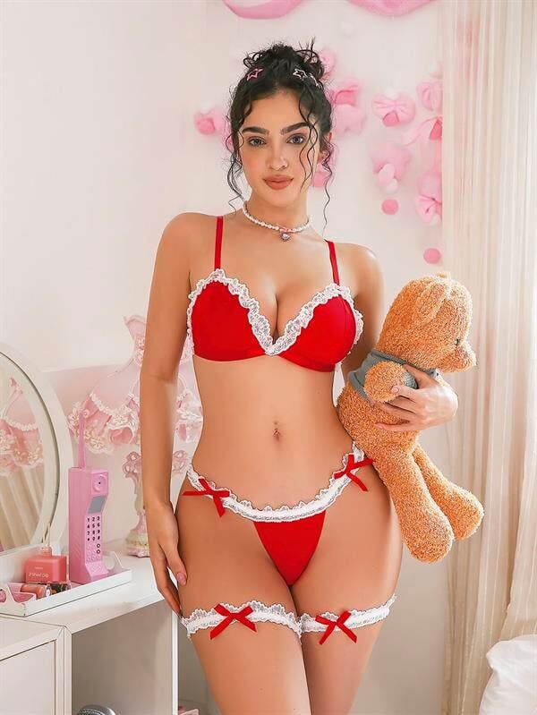 Arias Closet Boyunluklu Bacak Aksesuarlı Kırmızı Fantezi Hizmetçi Kostümü