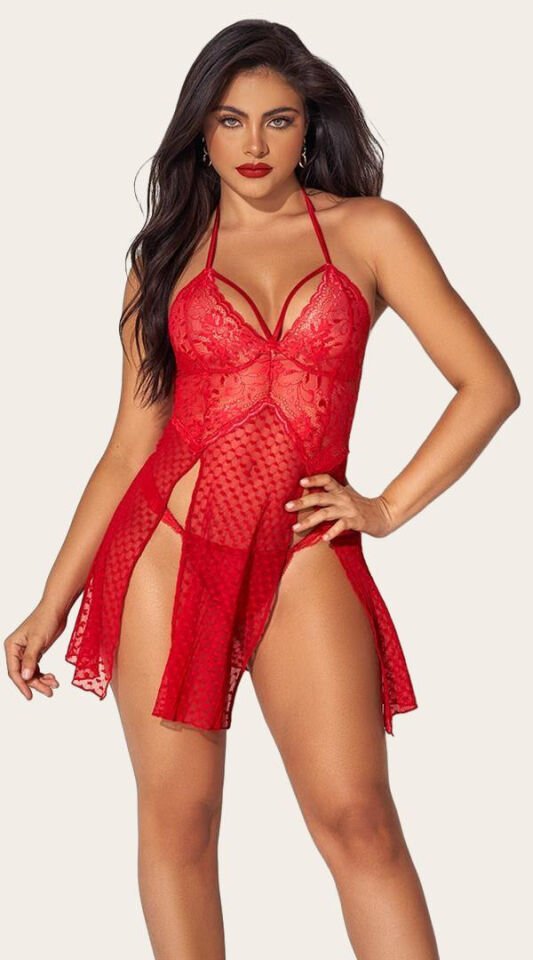 Arias Closet Kırmızı Dantelli Boyundan Askılı Göğüs Detay Gecelik Takımı