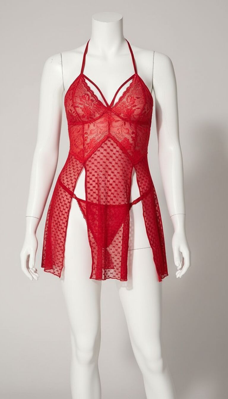 Arias Closet Kırmızı Dantelli Boyundan Askılı Göğüs Detay Gecelik Takımı