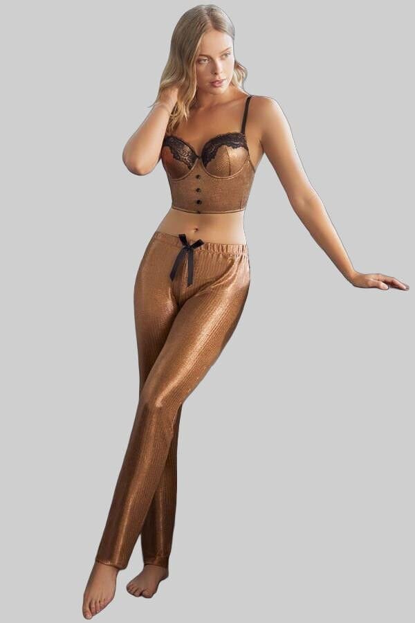 Arias Closet Balenli Destekli Dolgulu Parlak Baskılı Dantelli Büstiyer ve Pantolon Pijama Takım (4176)