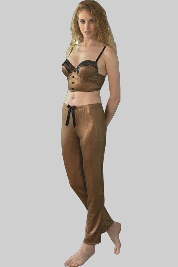 Arias Closet Balenli Destekli Dolgulu Parlak Baskılı Dantelli Büstiyer ve Pantolon Pijama Takım (4176)