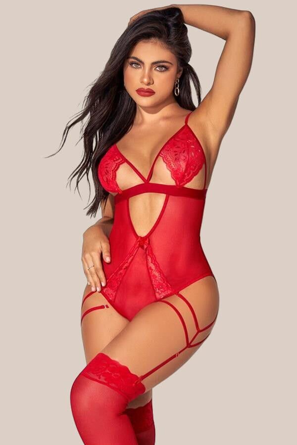 Kırmızı Tül Dantel Detaylı Fantezi Body Jartiyer Takım