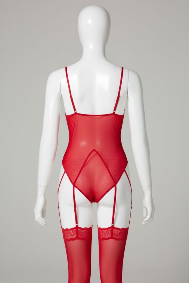 Arias Closet Kırmızı Tül Dantel Detaylı Fantezi Body Jartiyer Takım
