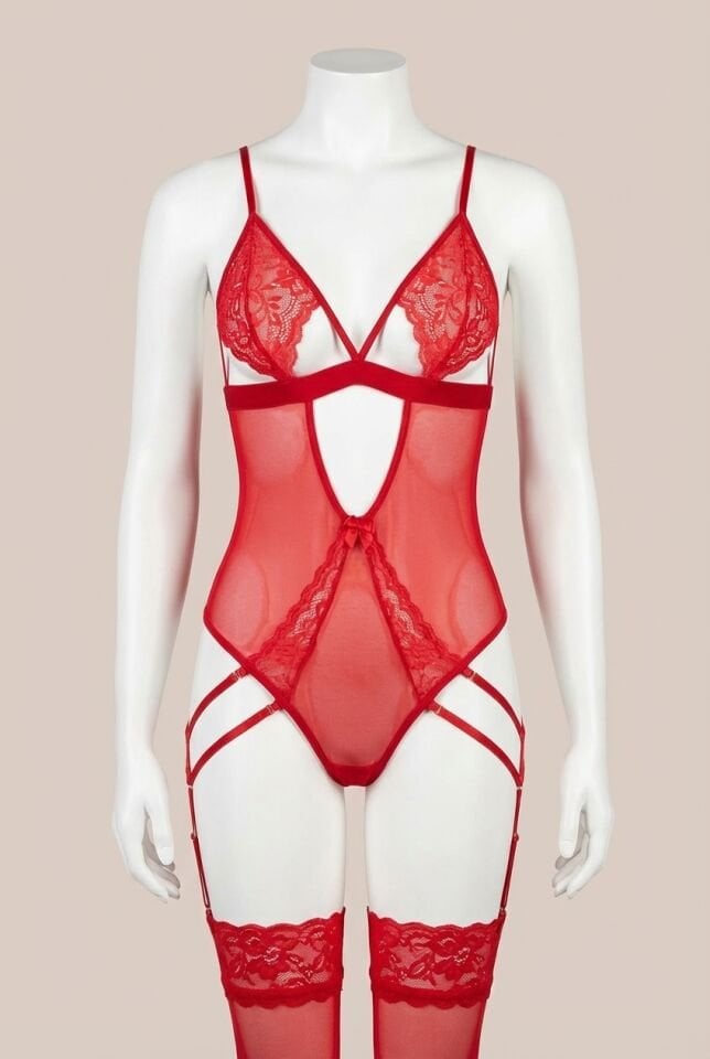 Kırmızı Tül Dantel Detaylı Fantezi Body Jartiyer Takım