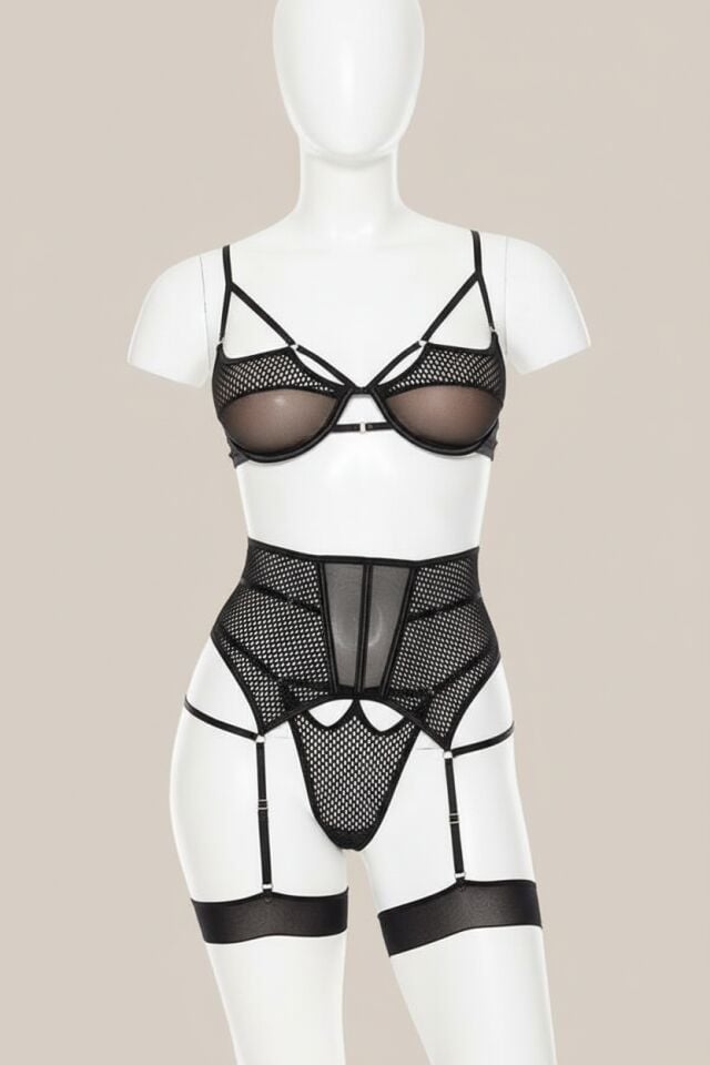 Arias Closet Fantezi File Tül Detaylı Siyah Jartiyer  Takım