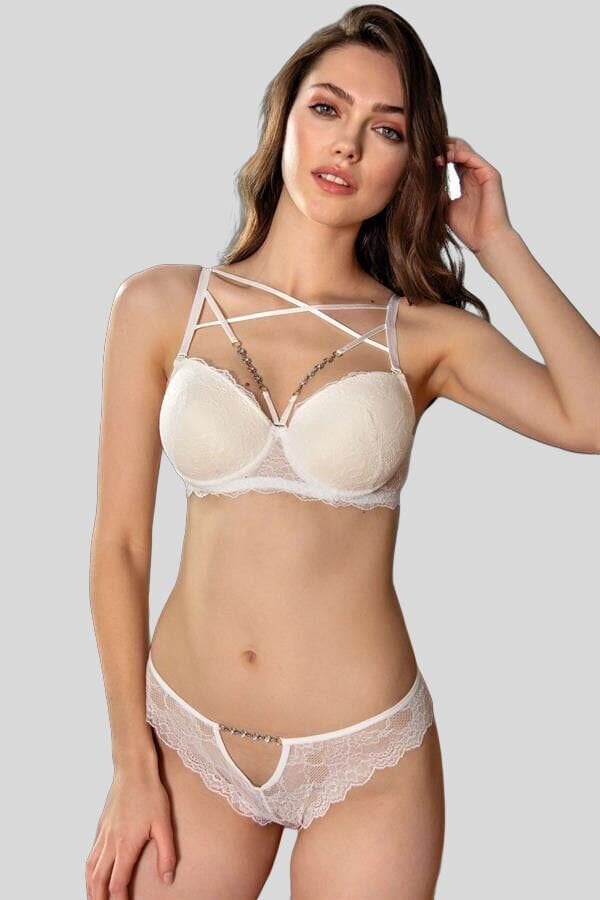 Arias Closet Balenli Desteksiz Dolgusuz Askıları Çıkabilen Yaka Detaylı Çıkabilen Yaka Aksesuarlı Dantelli Sütyen ve Slip Takım