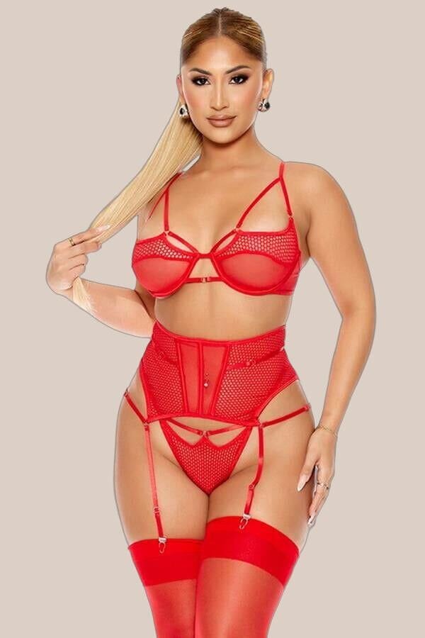 Arias Closet Fantezi File Tül Detaylı Kırmızı Jartiyer  Takım