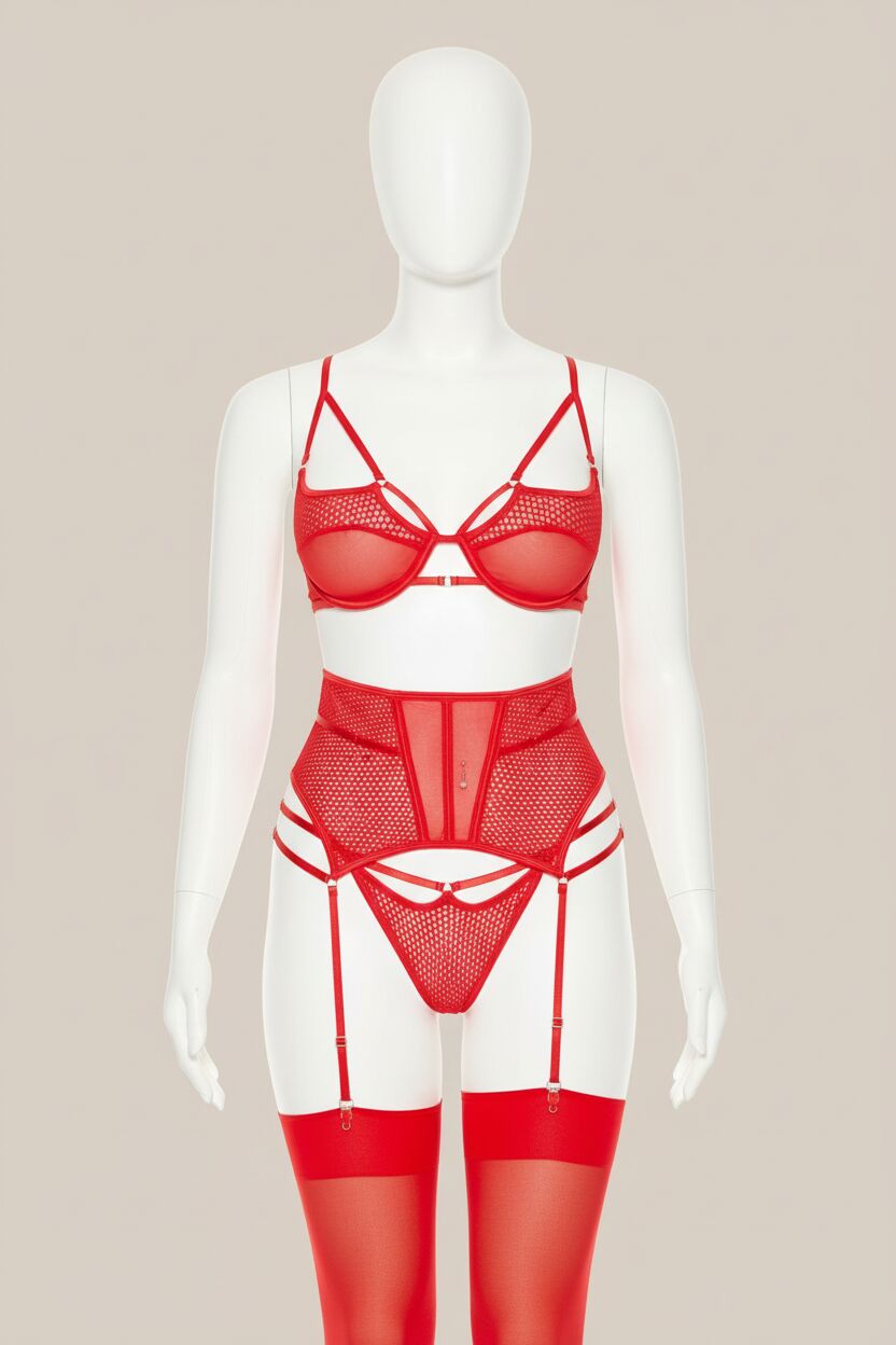 Arias Closet Fantezi File Tül Detaylı Kırmızı Jartiyer  Takım