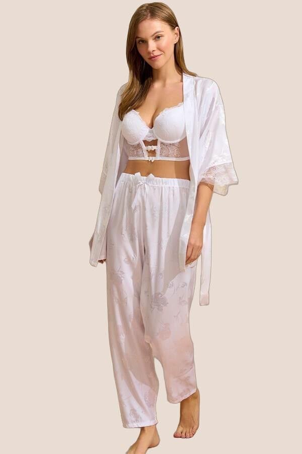 Arias Closet Saten Çiçek Desenli Dantelli Sabahlık Balenli Destekli Dolgulu Büstiyer Sütyen ve Pantolon Pijama 3'lü Takım