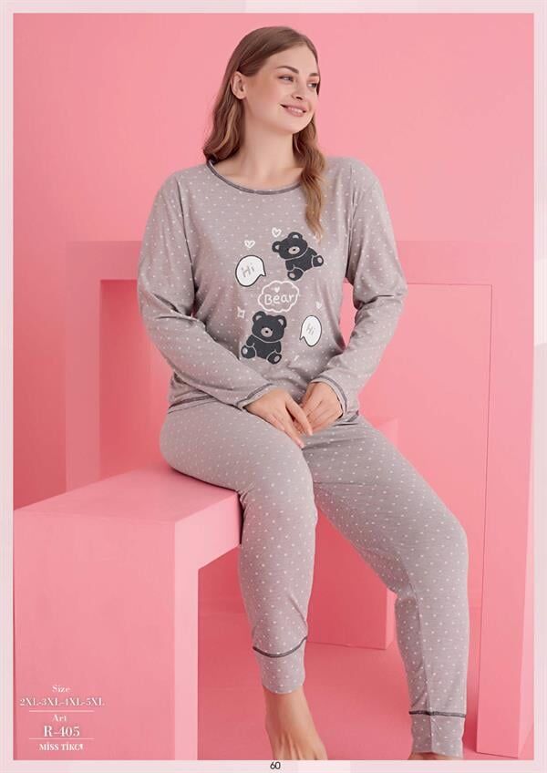 Arias Closet Büyük Beden Pamuklu Hi Bear Ayıcık Desenli Pijama Takımı