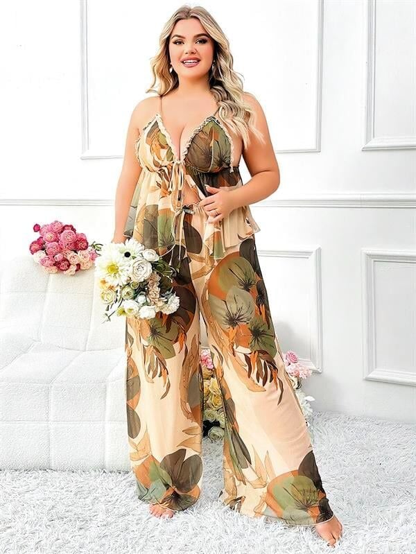 Arias Closet Özel Tasarım Büyük Beden Çiçek Desenli İnce Askılı 2'li Pijama Takımı