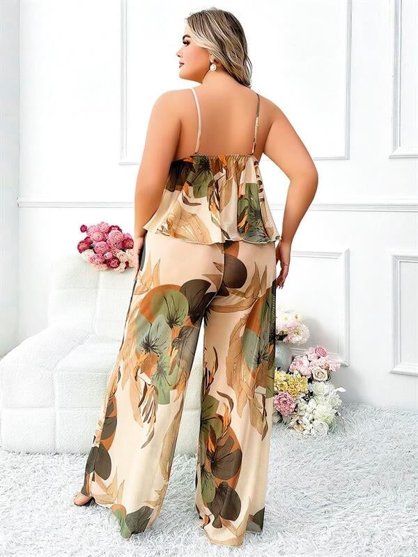 Arias Closet Özel Tasarım Büyük Beden Çiçek Desenli İnce Askılı 2'li Pijama Takımı