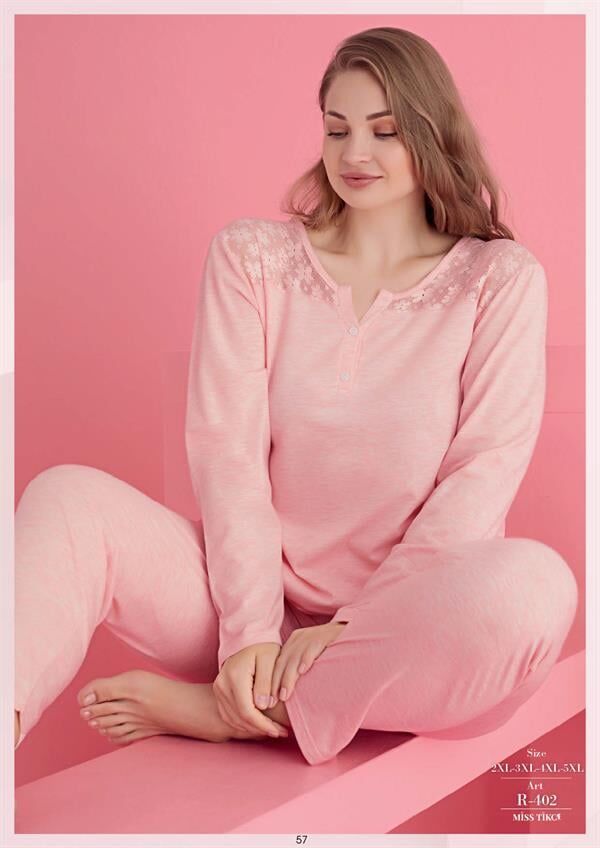 Arias Closet Büyük Beden Pamuklu Dantel İşlemeli Pijama Takımı
