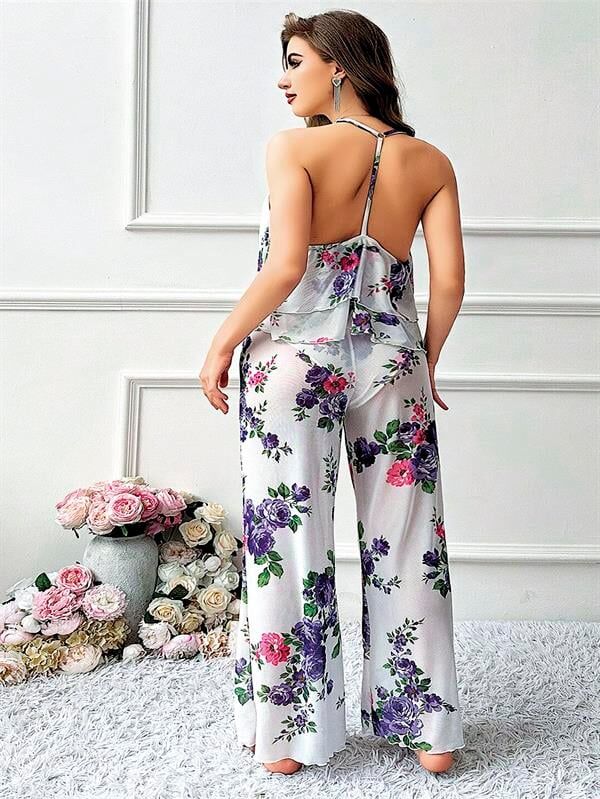 Arias Closet Özel Tasarım Büyük Beden Çiçek Desenli Fırfırlı 2'li Pijama Takımı