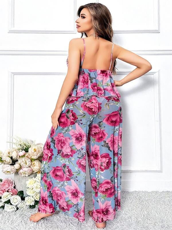 Arias Closet Özel Tasarım Büyük Beden Kırmızı Çiçek Desenli Bol Kesim 2'li Pijama Takımı