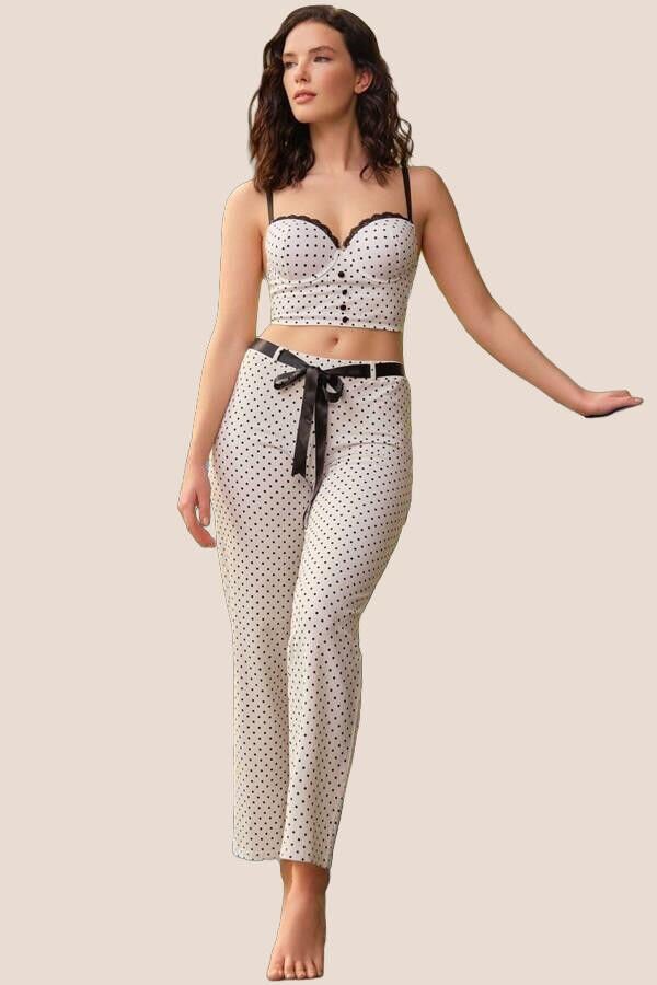 Arias Closet Fantezi Bralet Sütyen Pamuklu Puantiye Desenli Desteksiz Dantel Detaylı Pijama Takımı
