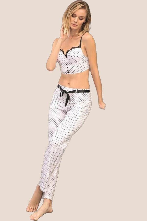 Arias Closet Fantezi Bralet Sütyen Pamuklu Puantiye Desenli Desteksiz Dantel Detaylı Pijama Takımı