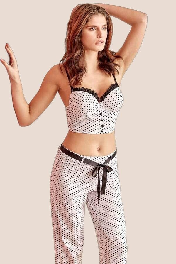 Arias Closet Fantezi Bralet Sütyen Pamuklu Puantiye Desenli Desteksiz Dantel Detaylı Pijama Takımı