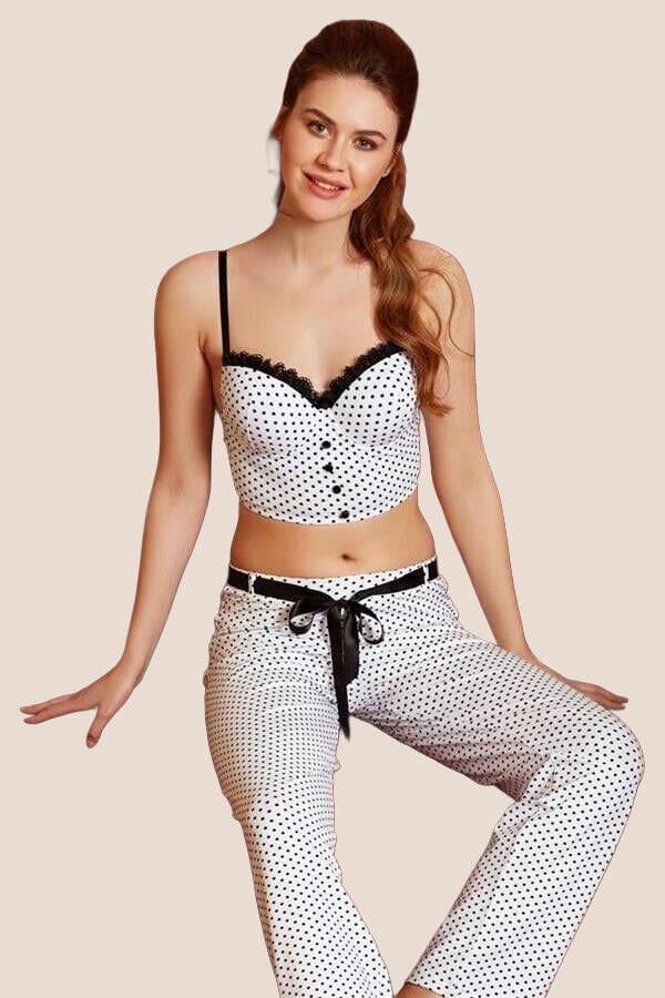 Arias Closet Fantezi Bralet Sütyen Pamuklu Puantiye Desenli Desteksiz Dantel Detaylı Pijama Takımı