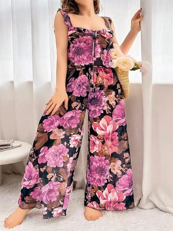 Arias Closet Özel Tasarım Büyük Beden Çiçek Desenli Bol Kesim 2'li Pijama Takımı