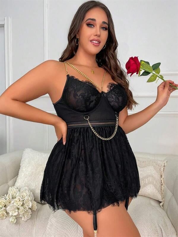 Arias Closet Özel Tasarım Büyük Beden Fantezi Zincir Detaylı Dantelli Gecelik
