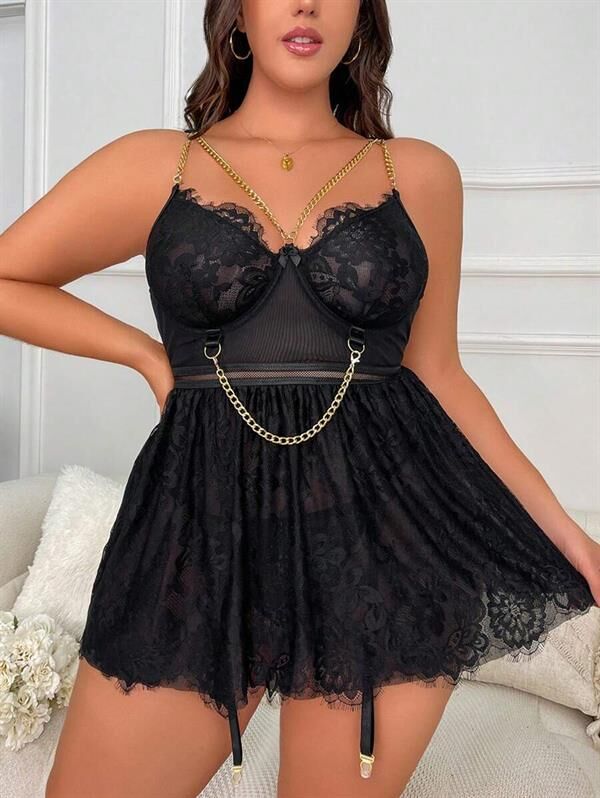 Arias Closet Özel Tasarım Büyük Beden Fantezi Zincir Detaylı Dantelli Gecelik