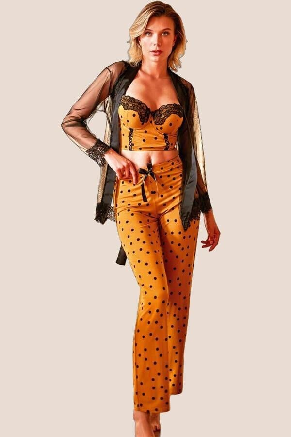 Tül Dantelli Sabahlık Balenli Destekli Dolgulu Puantiyeli Büstiyer Sütyen ve Pantolon Pijama 3'lü Takım