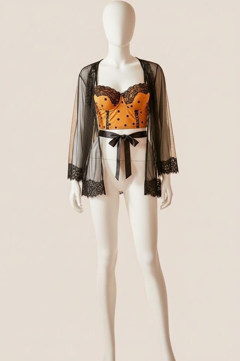 Tül Dantelli Sabahlık Balenli Destekli Dolgulu Puantiyeli Büstiyer Sütyen ve Pantolon Pijama 3'lü Takım