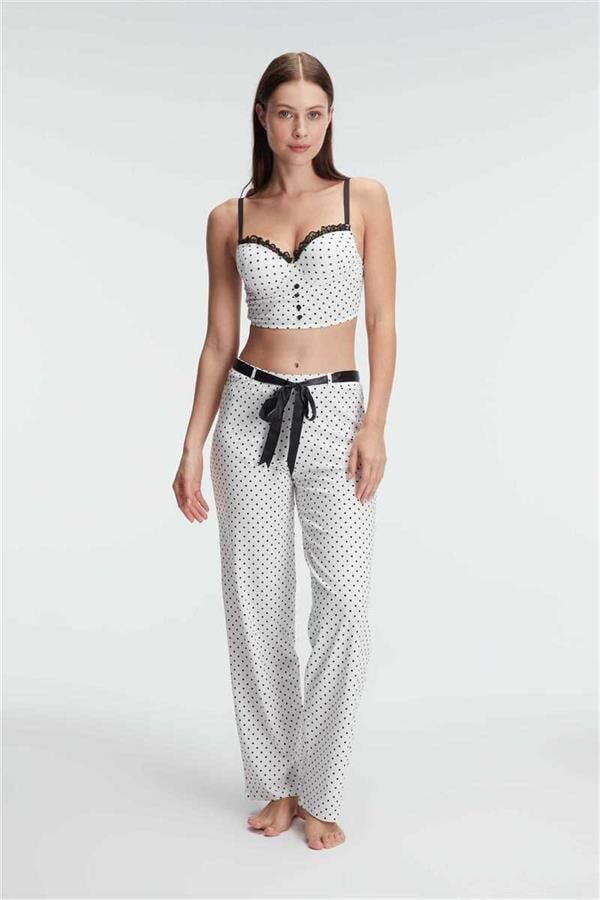 Arias Closet Fantezi Bralet Sütyen Pamuklu Puantiye Desenli Desteksiz Dantel Detaylı Pijama Takımı