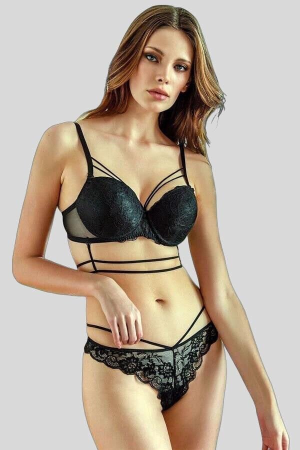 Arias Closet Balenli Destekli Dolgulu Askıları Çıkabilen Yaka Detaylı Çıkabilen Göğüs Altı Aksesuarlı Dantelli Sütyen ve String Takım