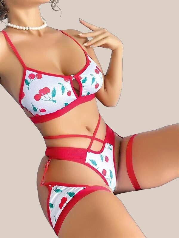 Bacak Bantlı Kiraz Desenli Jartiyer Takımı