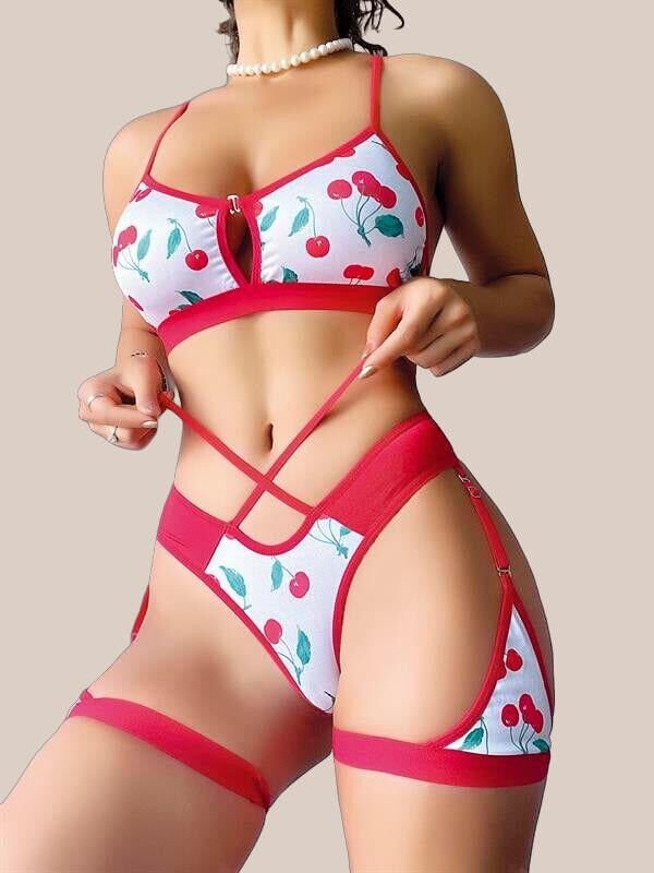 Bacak Bantlı Kiraz Desenli Jartiyer Takımı