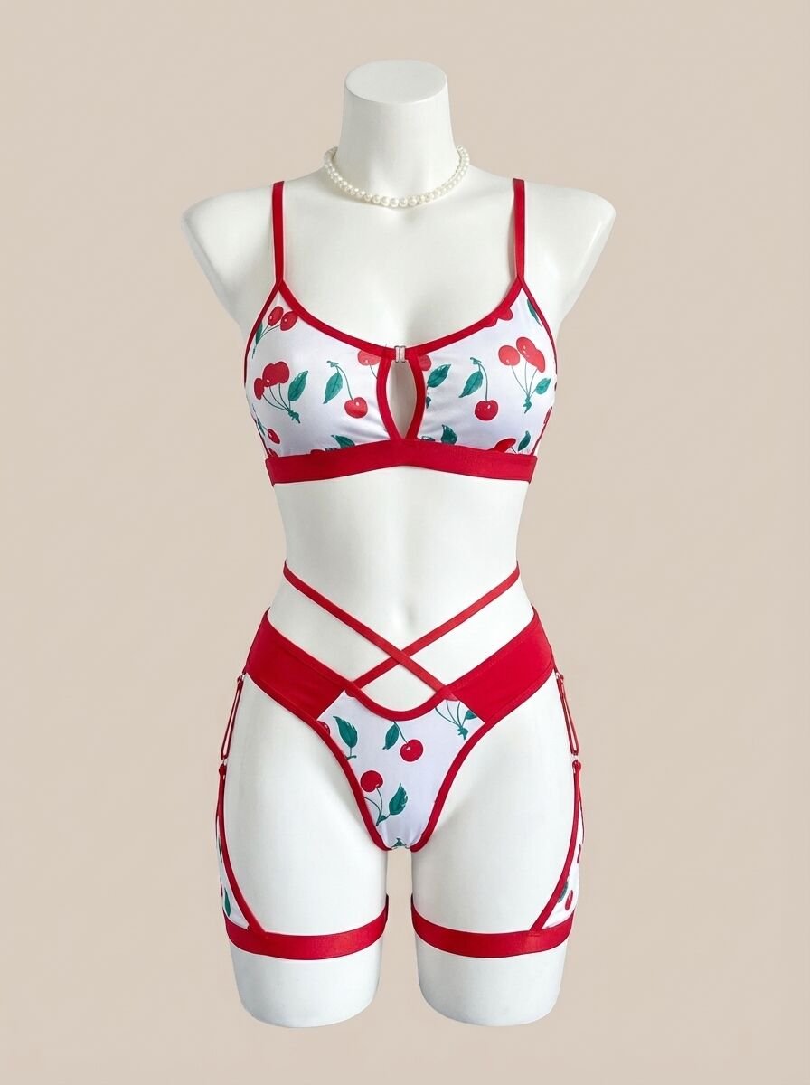 Bacak Bantlı Kiraz Desenli Jartiyer Takımı