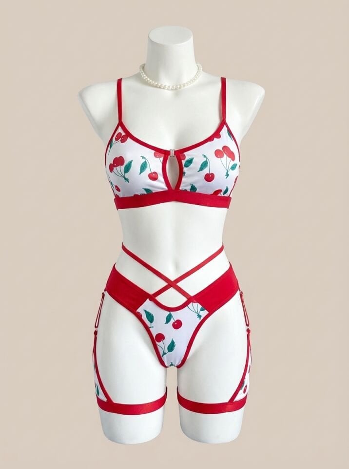 Bacak Bantlı Kiraz Desenli Jartiyer Takımı