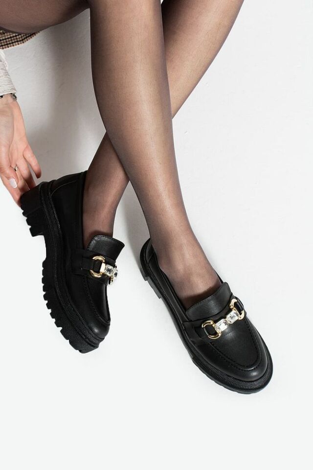 Loafer Günlük Kadın Siyah Taş Detaylı Rahat Ayakkabı