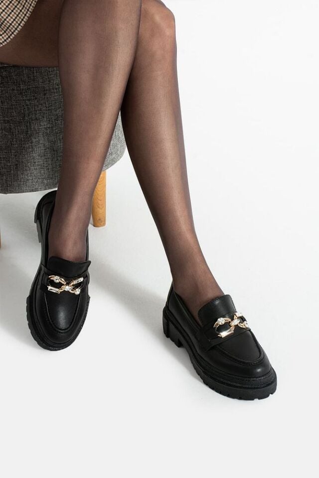Loafer Günlük Kadın Siyah Taş Detaylı Rahat Ayakkabı