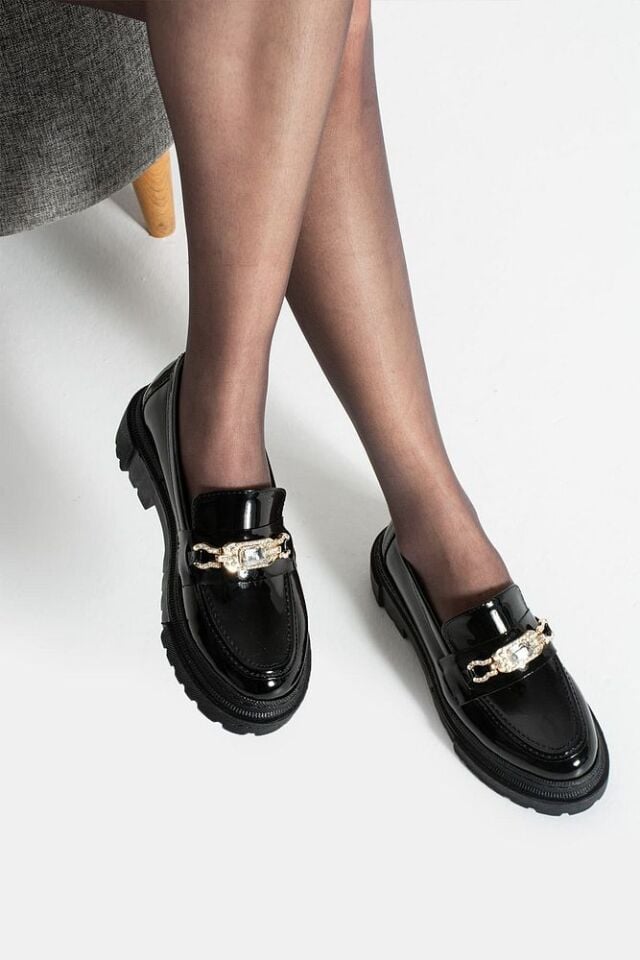 Loafer Günlük Kadın Parlak Siyah Taş Detaylı Rahat Ayakkabı