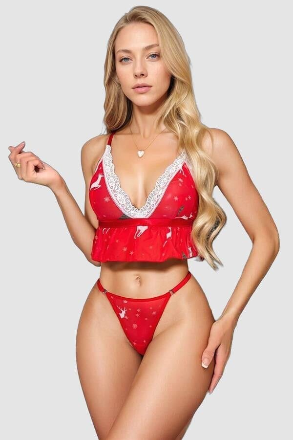 Arias Closet Fantezi Kırmızı Özel Yılbaşı Desenli Sütyen Tanga