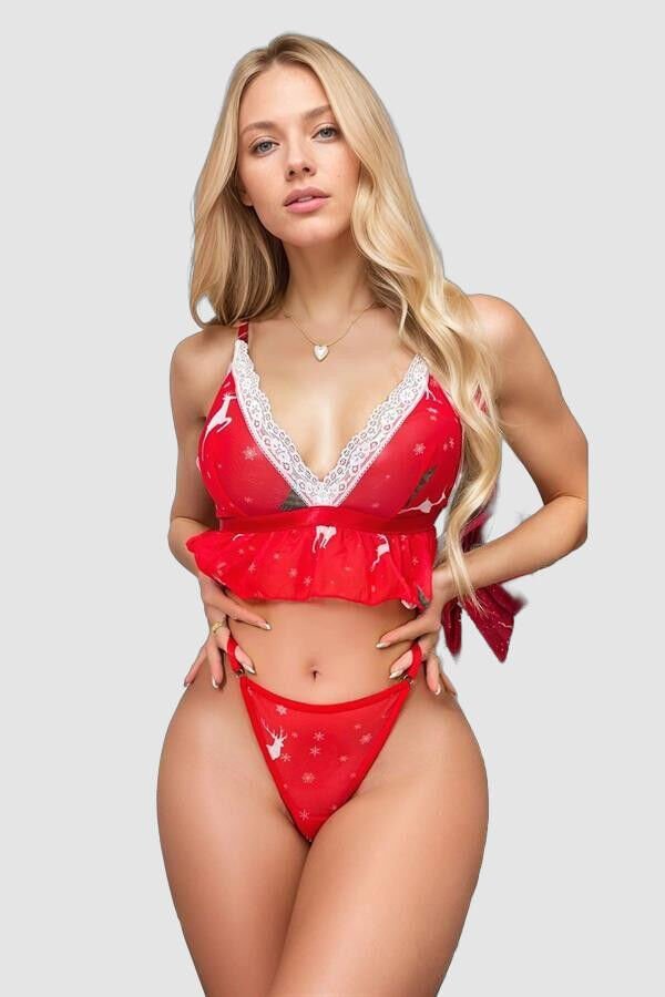 Arias Closet Fantezi Kırmızı Özel Yılbaşı Desenli Sütyen Tanga