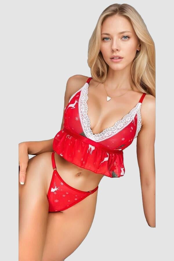 Arias Closet Fantezi Kırmızı Özel Yılbaşı Desenli Sütyen Tanga