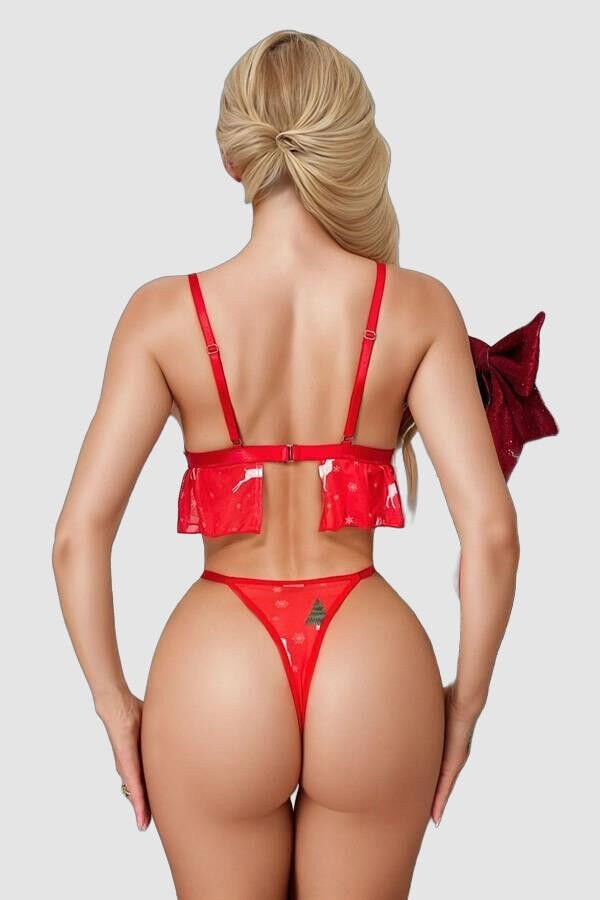 Arias Closet Fantezi Kırmızı Özel Yılbaşı Desenli Sütyen Tanga