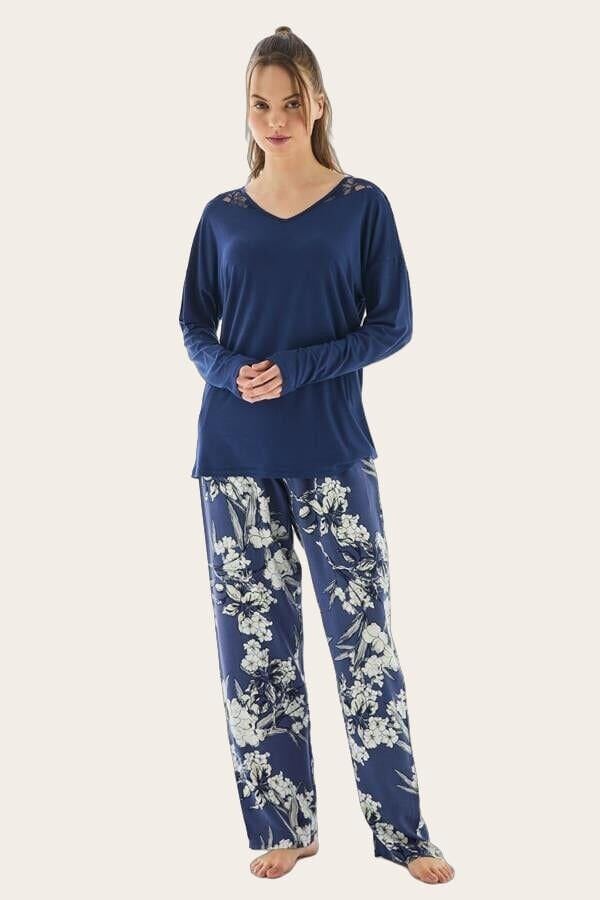 Kadın Uzun Kol T-shirt ve Pantolon Pijama Takımı