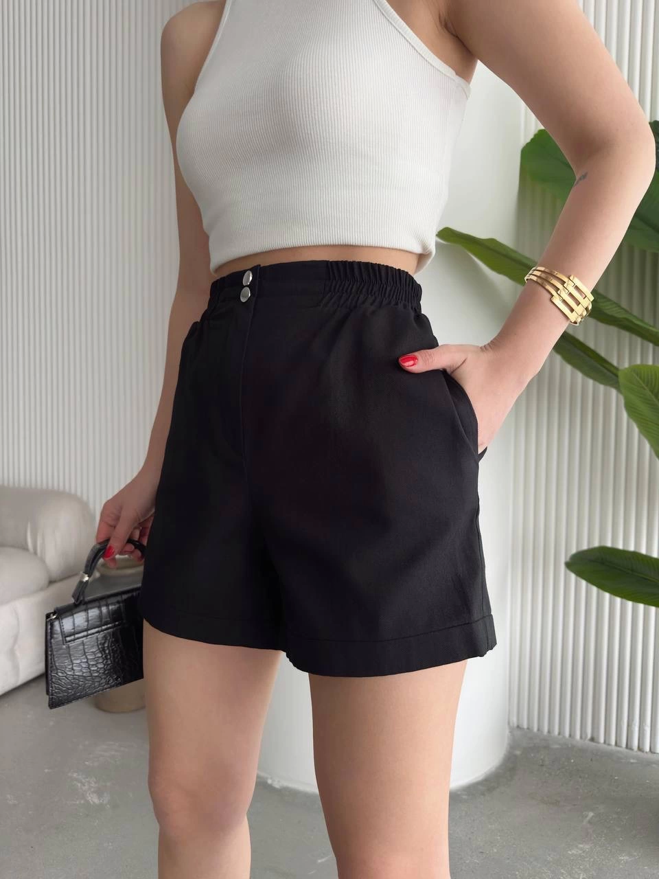 Çıtçıtlı gabardin şort